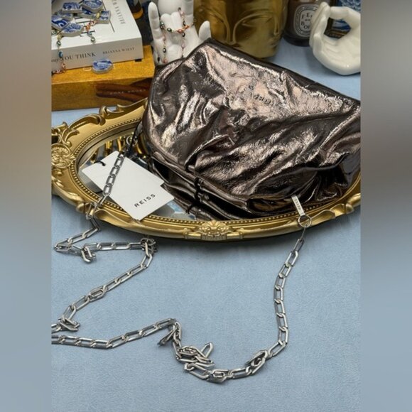 🆕 REISS 🧿 NWT Elena Metallic Grained Clutch, Convertible Shoulder Bag - Picture 7 of 13